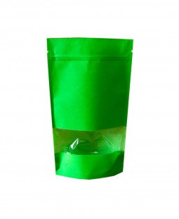 Пакет Дой-Пак 135*225(+35)мм, Крафт (зеленый), с окном 40мм