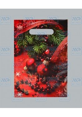 Новогодний пакет 20см*30см*30мкм, "Красные бусы"
