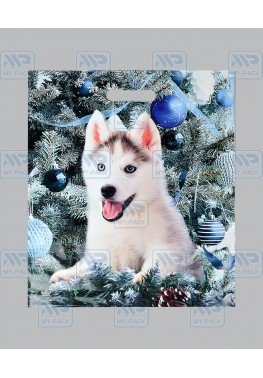 Новогодний пакет 38см*45см(+3)*60мкм, ПВД "Веселый хаски"