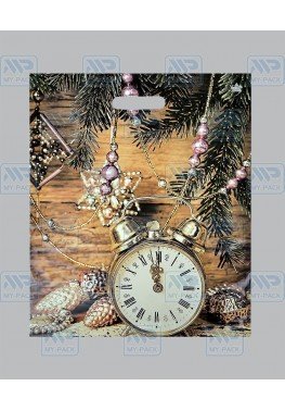 Новогодний пакет 38см*45см(+3)*60мкм, ПВД "Старинные часы"