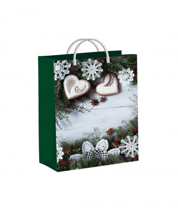 Новогодний пакет 24см*26см(+5)*140мкм, ламинат "Пряничные сердечки"