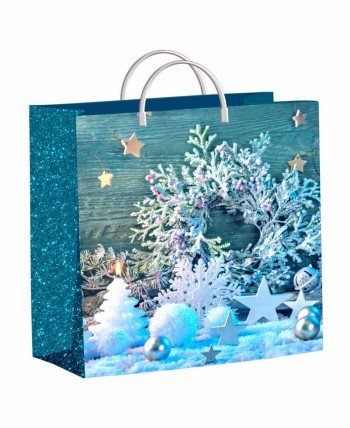 Новогодние пакеты с ручкой 30см*30см*140мкм, ламинат "Снежинки на бирюзе"